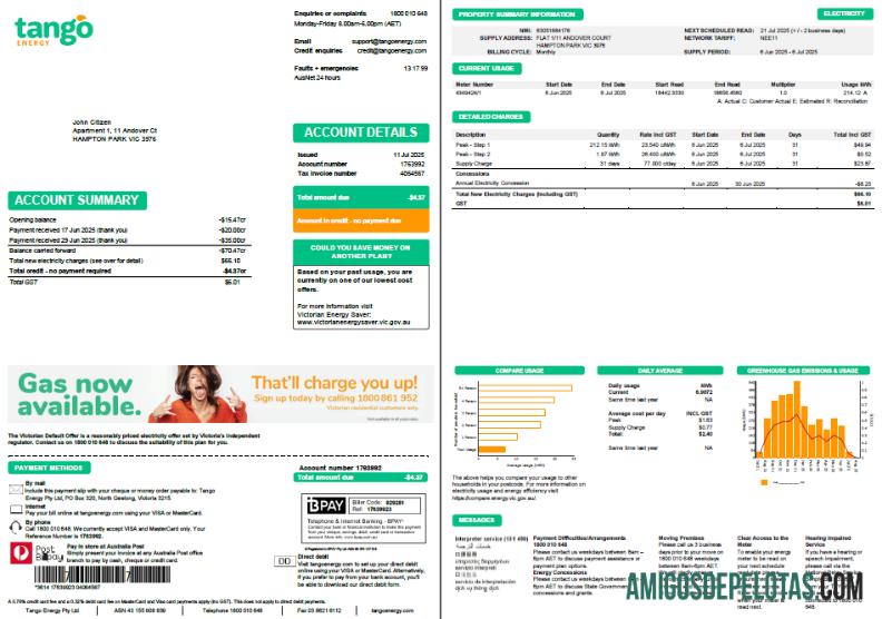 imprimível Modelo de conta de serviços públicos de energia Tango da Austrália em formatos Word e PDF, 2 páginas